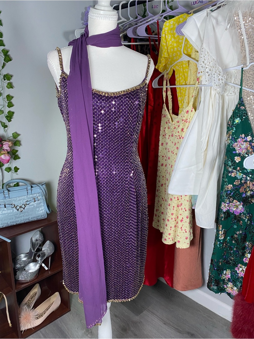 Oleg Cassini Purple Sequin Midi Dress with Gold Trim